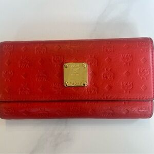 MCM Red Embossed Leather Wallet with Gold Accents